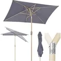 Sekey Aluminium Sonnenschirm 210 x 140 cm Rechteckig Knickbar Holzoptik Gartenschirm für Balkon Terrasse und Garten UPF50+ Sonnenschutz
