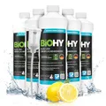 BiOHY Glas- und Oberflächenreiniger (6 x 1 Liter) + Dosierer | Glasreiniger Konzentrat für streifenfreien Glanz | ergiebiger Glas & Kunststoffreiniger | Fettlöser & Kalkreiniger