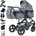 Daliya® BAMBIMO 3in1 Kinderwagen mit i-Size Babyschale, Gummi-Rädern & Aluminiumrahmen, Travel-System mit 2in1-Babywanne/Sportsitz, Kombi-Kinderw... - Dunkelgrau/Schwarz
