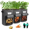 Airminti 3-Pack 10 Gallonen Kartoffel Pflanzsack, Pflanzbeutel mit Stabilen Griffen und Visualized Flap, Verdickte und Atmungsaktive Vliestöpfe mit Gartenhandschuhe für Tomaten, Kartoffeln