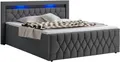 Juskys Boxspringbett Leona Samt 180x200 cm in Grau – mit LEDs, Topper & Federkern-Matratzen