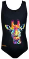 Aquarti Badeanzug Mädchen – Sportlicher Mädchen Badeanzug mit Ringerrücken Print, Farbe: Bunte Giraffe/Schwarz, Größe: 152