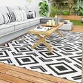 Outsunny - Outdoor Teppich Robuster Wetterfest Outdoorteppich Mit Tragtasche, Faltbar Carpet Boho-style, Outdoor-teppich Für Wohnzimmer Balkon Garten Terrasse Bad Flur Küche, 182 X 274 Cm Schwarz+weiß