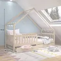 Hausbett ALVA aus Kiefer Massivholz, natur - Kinderbett mit Dach, Tipibett mit Schubladen, Kinderzimmer Bett, Bodennahes Bett Montessori, ideal fü...