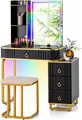 COSTWAY Schminktisch mit LED-Beleuchtung, Frisiertisch mit 14 LED-Leuchten, kabelloser Ladestation, USB-Anschluss & 4 Schubladen