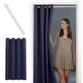 tinycurtains Türvorhang mit Stange weiß 70-120 cm Thermo Vorhang ohne Bohren, blickdicht, Ösen, verdunkelnd, Polyester, dunkelblau Ocean, Türgardine mit Klemmstange Raumtrenner Vorhang Tür blau 150 cm x 200 cm