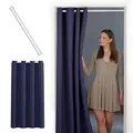 tinycurtains, Thermo Türvorhang mit Teleskopstange, einfache Montage in nur 1 Minute ohne Bohren (Türgardine blau H200 x B150 cm + Stange weiß B70-120 cm)
