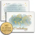 10 Einladungskarten mit Umschlag Glitzer Einladung 2 seitig Karten stilvoller Fisch Aquarell in Blau Gold zart zur Taufe Kommunion Firmung Konfirmation Silber zum selbst ausfüllen