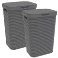 Rotho Country 2er-Set Wäschesammler Kunststoff mit Deckel 55l | Wäschekorb schmall in Rattan-Optik | Deckel öffnet komplett | angenehm zu tragen | einfach zu reinigen & hygienisch | anthrazit