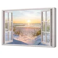 WallArena - Leinwand Bilder - Fensterbilck Strand Meer Natur Landschaft - 120x80 cm Leinwandbilder Bild auf leinwand Wandbild XXL groß Wandbilder für Wohnzimmer Schlafzimmer Wohnzimmerbilder Modern