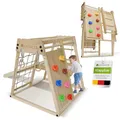 Juskys® Klettergerüst Indoor Spielplatz für Kinder ab 1 Jahr (Mini) – Kletterturm aus Holz mit Rutsche, Kletterwand, Kletternetz & Turnringen – klappbarer Spielturm Natur