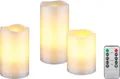 goobay, flammenlose Echtwachs LED-Kerzen 3er-Set mit realistischen Flammen, mit 10-Tasten Fernbedienung mit 2/4/6/8- Stunden Timer, 74368, Weiß