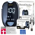 GlucoCheck GOLD Blutzuckermessgerät-Set (mg/dL) + 110 Blutzuckerteststreifen, 10 Lanzetten, 1 Stechhilfe, 1 Etui, Maxi-Sparset zur Blutzucker-Selbstkontrolle
