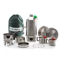 Kelly Kettle Base Camp Camping-Koch-Ausrüstung mit 1,6 l Edelstahl-Wasserkessel 'Base Camp', Kochgut-Set, Campingkocher 'Hobo', 2 Camping-Tassen, 2 Tellern, Topf-Halterung und Tasche