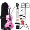 Aileen Geige 4/4 für Erwachsene Anfänger, Violine Set für Kinder ab 12 Jahre, Teenager Rosa Geige Einsteiger Kit Vollständig mit 13 Zubehör, Notenständer, Exklusive Neue Griffbrett Aufkleber