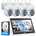 CAMCAMP 5MP Überwachungskamera Aussen Set mit 10" Monitor &500GB Festplatte, 2K PTZ Kamera Aussen WLAN mit Dual-Objektiv, Auto-Tracking, Farbnachtsicht, 2-Wege Gespräch, 0 Monatliche Gebühr