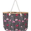 Strandtas aus Raffia mit Strependesign und Flamingo-Print | Dames Strandtas mit Raffia-Detail und Reißverschluss | 58 x 37 x 13 cm, schwarz-weiß - Schwarz