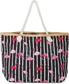 styleBREAKER Große Strandtasche mit Flamingo Print und Streifen Design | Damen Shopper mit Kordelhenkel und Reißverschluss | Badetasche mit Bast-Detail | 58 x 37 x 13 cm, Farbe:Schwarz-Weiß