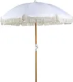 BELIANI Sonnenschirm Weiß Stoff-Bespannung Rund  150 cm mit Volant Regenschutz Holzmast Neigungsfunktion Kurbel Boho Garten Outdoor Balkon Terrasse