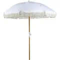 Sonnenschirm Weiß Stoff-bespannung Rund ⌀ 150 Cm Mit Volant Regenschutz Holzmast Neigungsfunktion Kurbel Boho Garten Outdoor Balkon Terrasse