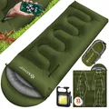 KESSER® Schlafsack Outdoor 220cm x 83cm | Deckenschlafsack 3-4 Jahreszeiten | Camping-Sleeping-Bag für Erwachsene | Leicht Tragbar Warm & Wasserabweisend inkl. Campinglampe & Seitentasche Khaki