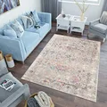 TAPISO Lazur Teppich Kurzflor Grau Rosa Blau Orange Creme Klassisch Verwischt Orientalisch Ornament Floral Wohnzimmer Schlafzimmer ÖKOTEX 80 x 150 cm