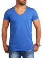 Young & Rich Herren Uni T-Shirt Basic mit extra tiefem V-Ausschnitt Slimfit deep V-Neck Stretch dehnbar 1315, Grösse:L, Farbe:blau-Melange