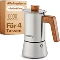 Cosumy Espressokocher Induktion für alle Herdarten - Für 4 Tassen Espresso - Mokkakanne aus Edelstahl & FSC Eichenholz - 200ml - Moka Pot Induction - Kaffeebereiter