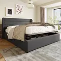 Flieks Polsterbett 160x200cm, Boxspringbett Doppelbett mit Stauraum und Lattenrost, Hydraulisches Stauraumbett Jugendbett Funktionsbett, Leinen, Grau - Grau