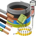 INVOLT H07V-K 6 mm2 Verdrahtungsleitung 5 x 3m Set, Einzelader Schwarz, Blau, Braun, Grau, Grün-Gelb mit 60 Aderendhülsen und Spannungsprüfer