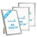 PHOTOLINI Bilderrahmen A4 Holz MDF Silber, 3er Set DIN A4 Bilderrahmen 21x30 cm Silber, bruchsicheres Acrylglas, picture frame zum Aufhängen & Aufstellen, Rahmen mit Zubehör 30x21 für Fotos & Poster
