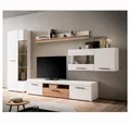 Lomadox Wohnwand SUTTON-61, (4-St., Vitrine Beleuchtung Lowboard Wandboard Wandvitrine Beleuchtung), weiß Front matt Eiche mit 205 cm Lowboard modern inkl. Beleuchtung