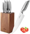 Oleio Messer-Set Maestro 5-tlg. Küchenmesser Set mit Akazien Block und Messerschärfer (5-teiliges Messerset mit Block, 6-tlg., 5 Messer, Block mit Messerschärfer), 5er Messerset, Akazienholz-Block