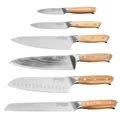 Moritz & Moritz Profi Küchenmesser Komplett-Set mit Damastmesser, Santoku-Messer, Kochmesser, Brotmesser, Universalmesser & Gemüsemesser aus deutschem Messerstahl & mit Akazienholz Griff