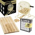 Kyto Bingo Spiel Trommel XXL Gold - 75 Kugeln, 18 Wiederverwendbare Bingokarten + 500 Stift-Karten, Holzspielset für Erwachsene, Kinder und Senioren