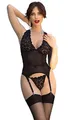.Chilirose Damen Dessous Straps Set in schwarz mit Spitzen Neckholder Corsage Strümpfen, String und Strapshemd Strumpfhalter teiltransparent elastisch Größe: L