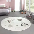 CARPETIA Teppich Kinderzimmer Babyzimmer Großer Runder Raketen-Teppich pflegeleicht weich hochwertig langlebig angenehm gemütlich gestaltet Creme Grau Beige 200 cm-Rund