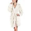 Gräfenstayn Damenbademantel Bademantel Damen flauschig Kapuze Kuschelfleece leicht kurz, warm & kuschelig, Knielang, Fronttaschen, Gürtel, S-XXL weiß L | 94 cm