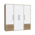FORTE Jupiter Schrank 200 210, weißer Kleiderschrank, Drehtürenschrank, 4-türig, mit 4 Schubladen und Einlegeböden, Weiß mit Holz Dekor: Mauvella Eiche, 206 cm breit x 59 cm tief x 200 cm hoch
