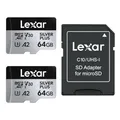 Lexar Silver Plus Micro SD Karte 64GB 2-Pack, Bis zu 205 MB/s Lesegeschwindigkeit, 100MB/s Schreibgeschwindigkeit, Speicherkarte Micro SD mit Adapter, UHS-I, A2, U3, V30, Klasse 10, 4K UHD microSDXC