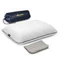 alkamto Reisekissen – Campingkissen – Ergonomisches Memory-Schaum-Kissen mit Temperaturregulierendem Bezug – Extra Baumwollbezug (Weiß Reise- + Extra-Kissenbezug) (40 X 25 X 10 cm - Weiß)