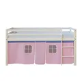 Homestyle4u Kinderbett 90x200 Weiß Hochbett mit Treppe Vorhang Rosa Bettgestell Holz Kiefer Kinderzimmer