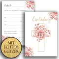 10 Einladungskarten mit Umschlag Einladung Glitzer zweiseitig Karten stilvoll kreuz Aquarell zart zur Taufe Kommunion Konfirmation Firmung Rosen Rosa Weiß Mädchen zum selbst gestalten Glitzer