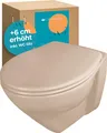 Calmwaters® Erhöhtes Wand WC spülrandlos Modern Plus mit Toilettendeckel, +6 cm Erhöhung, erhöhte Toilette inkl. abnehmbarem WC Sitz mit Absenkautomatik und Fast-Fix, Komfort Tiefspüler, Bahamabeige