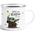 MoonWorks® Emaille-Tasse Baby-Yoda Spruch lustig Stark der Kaffee sein muss Geschenk Kaffeeliebhaber Bürotasse Emaille-weiss-silber standard