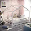 CADANI Malte Kinderbett 140x200 cm – Hausbett mit abnehmbarem Rausfallschutz, bis 200 kg belastbar, Roll-Lattenrost, Montessori Bodenbett aus Massivholz Kiefer, Weiß