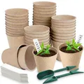 Aileem Set mit 40 runden, biologisch abbaubaren Faser-Pflanztöpfen, mit 50 Plastiketiketten für Pflanzen und Umpflanzwerkzeugen, Pflanzset für Blumensamen für Pflanzen, Garten