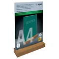 SIGEL TA256 Tischaufsteller A4 hoch, mit Eichenholz-Sockel, glasklares Acryl, garantiert UV-beständig, Holz FSC-zertifiziert, Werbeaufsteller