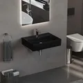 Aqua Bagno Waschbecken Schwarz Matt 60 cm, Keramik Aufsatzwaschbecken fürs Bad, rechteckiger Waschtisch mit Hahnloch, Waschplatz, modernes Waschbecken zur Wandmontage, für Badezimmer und Gäste WC