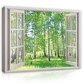 WallArena - Leinwand Bilder - Fensterbilck Wald Grün Birkenwald Natur - 120x80 cm Leinwandbilder - Bild auf leinwand - Wandbild XXL groß Wandbilder für Wohnzimmer Schlafzimmer Wohnzimmerbilder Modern